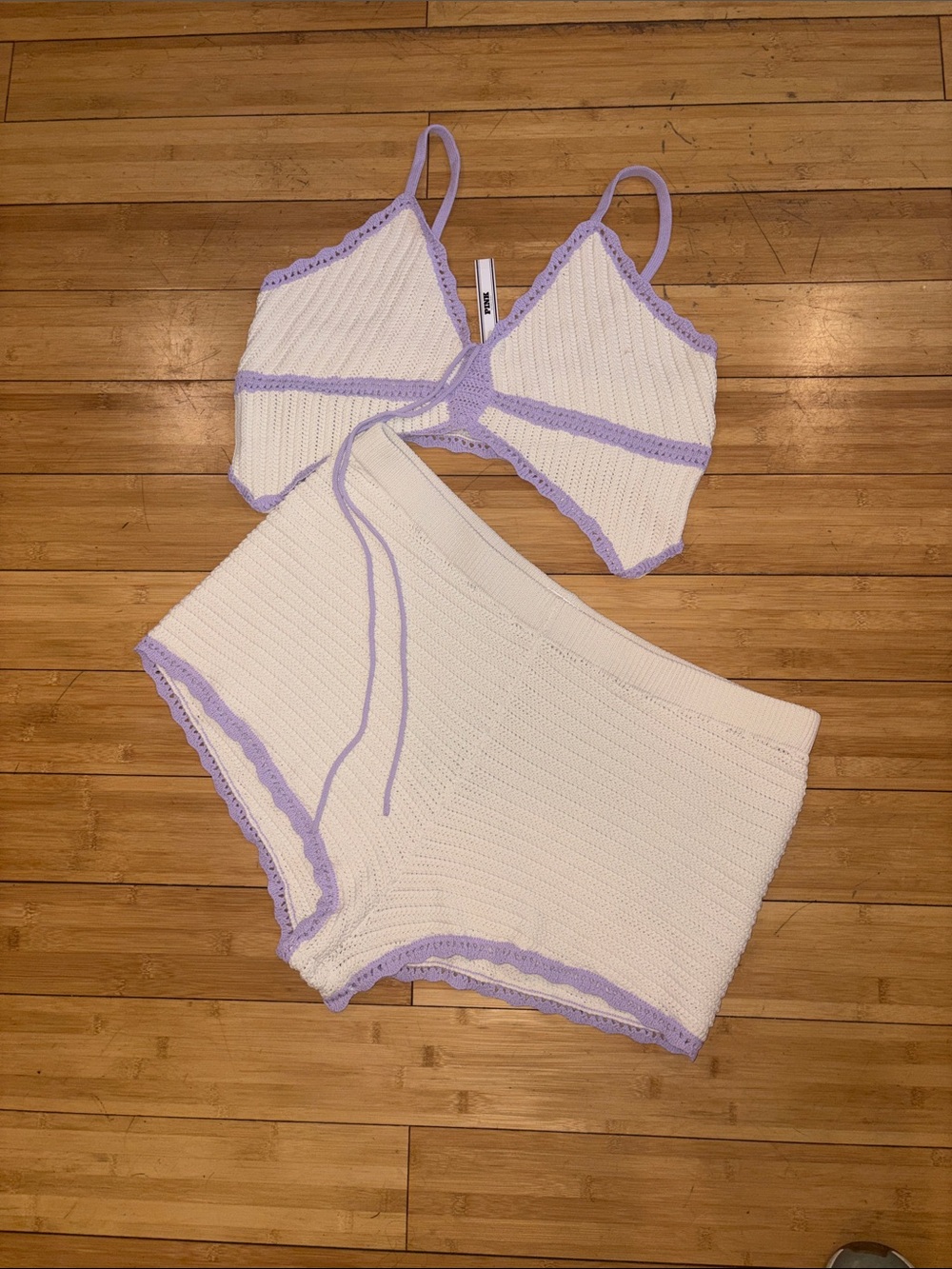 Nasty Gal White Knit Bralette & Shorts with Lavender Trim